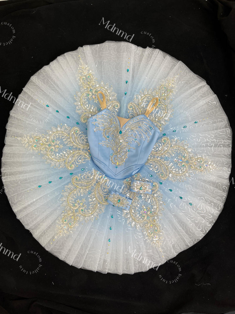 Custom Professional Ballet Costume Light Blue Satin with Extensive Crystal Embellishments