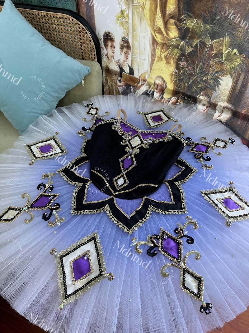 Custom Professional Ballet Performance Outfit Black Purple Embellished Tutu