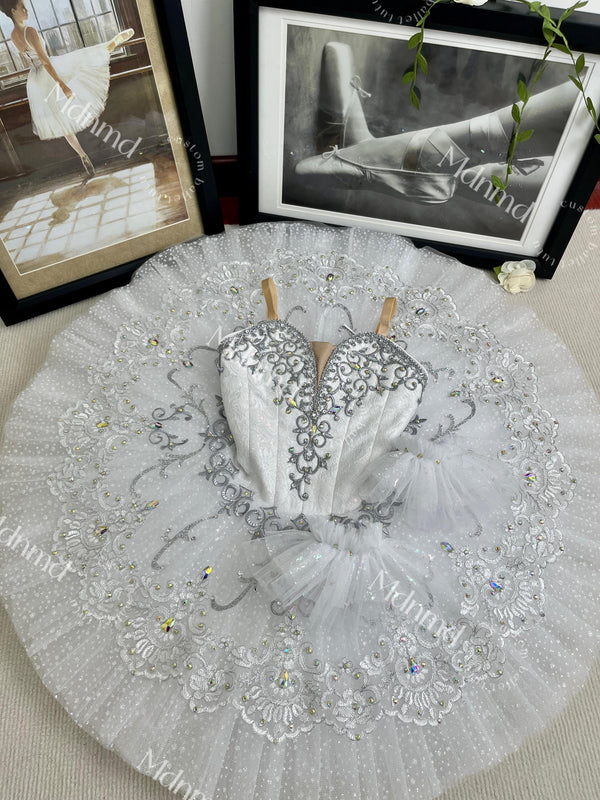 Custom Professional Grade Ballet Performance Costume, White Tutu with Crystal & Silver Embellishments