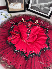 Custom Handmade Red Ballet Tutu with Black Lace & Pearl Embellishments