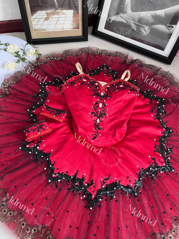 Custom Handmade Red Ballet Tutu with Black Lace & Pearl Embellishments