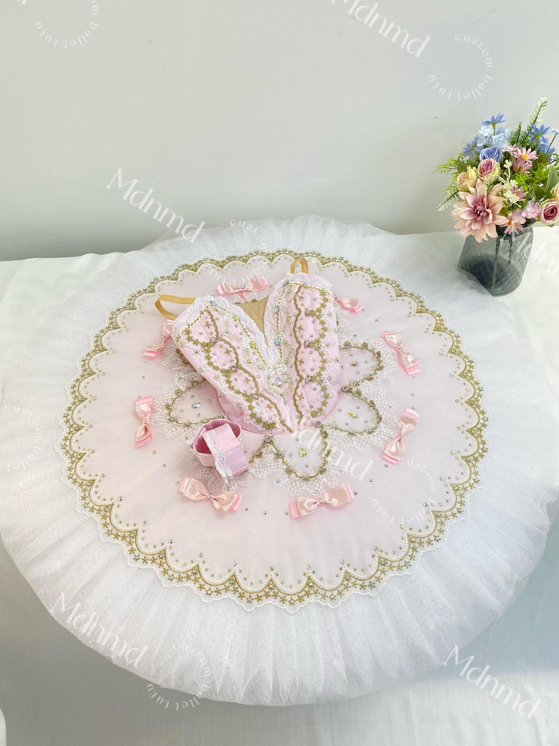 Custom Professional Ballet Performance Outfit Pink Tutu Gold Embellishments