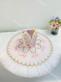 Custom Professional Ballet Performance Outfit Pink Tutu Gold Embellishments