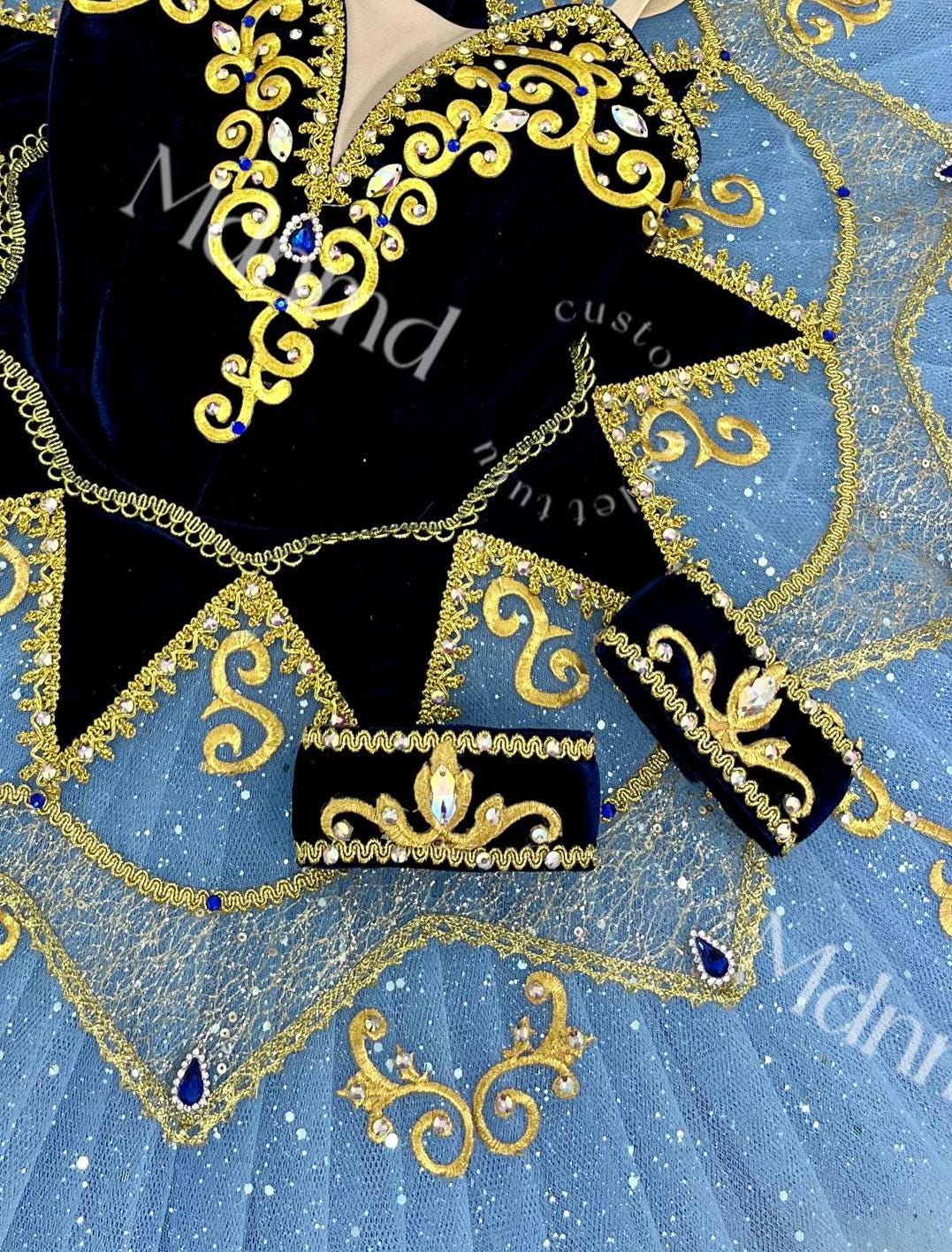 Custom Professional Ballet Performance Costume Blue Tutu Black Velvet Gold Embellishments