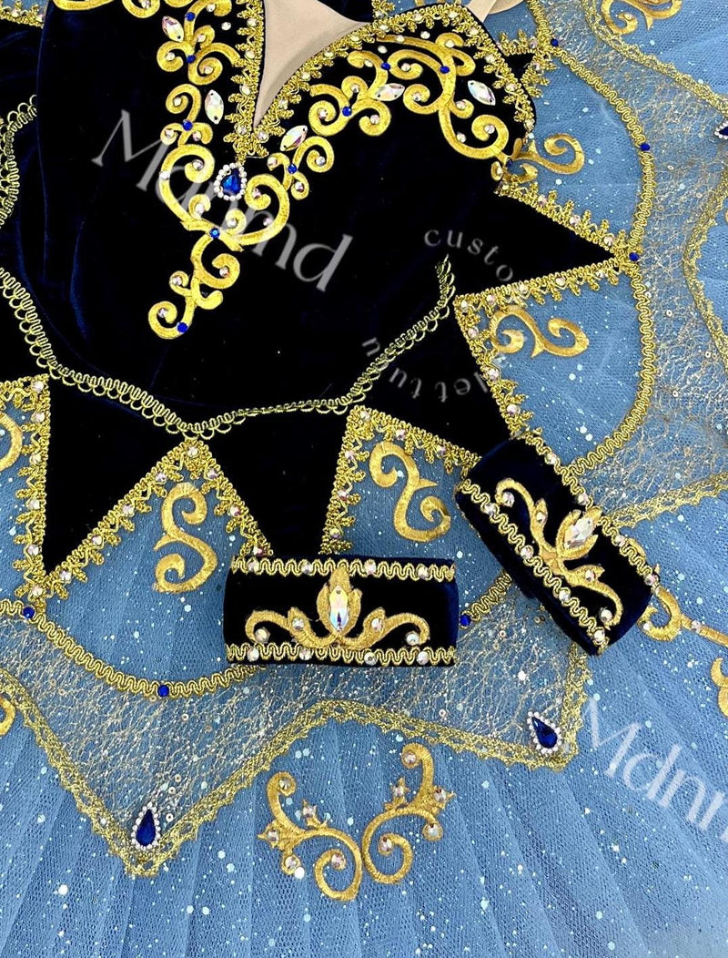 Custom Professional Ballet Performance Costume Blue Tutu Black Velvet Gold Embellishments