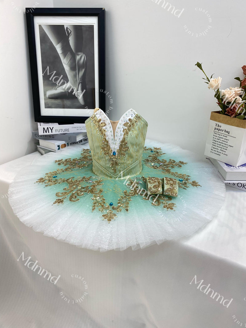 Custom Professional Grade Mint Green Ballet Tutu with Gold Embellishments