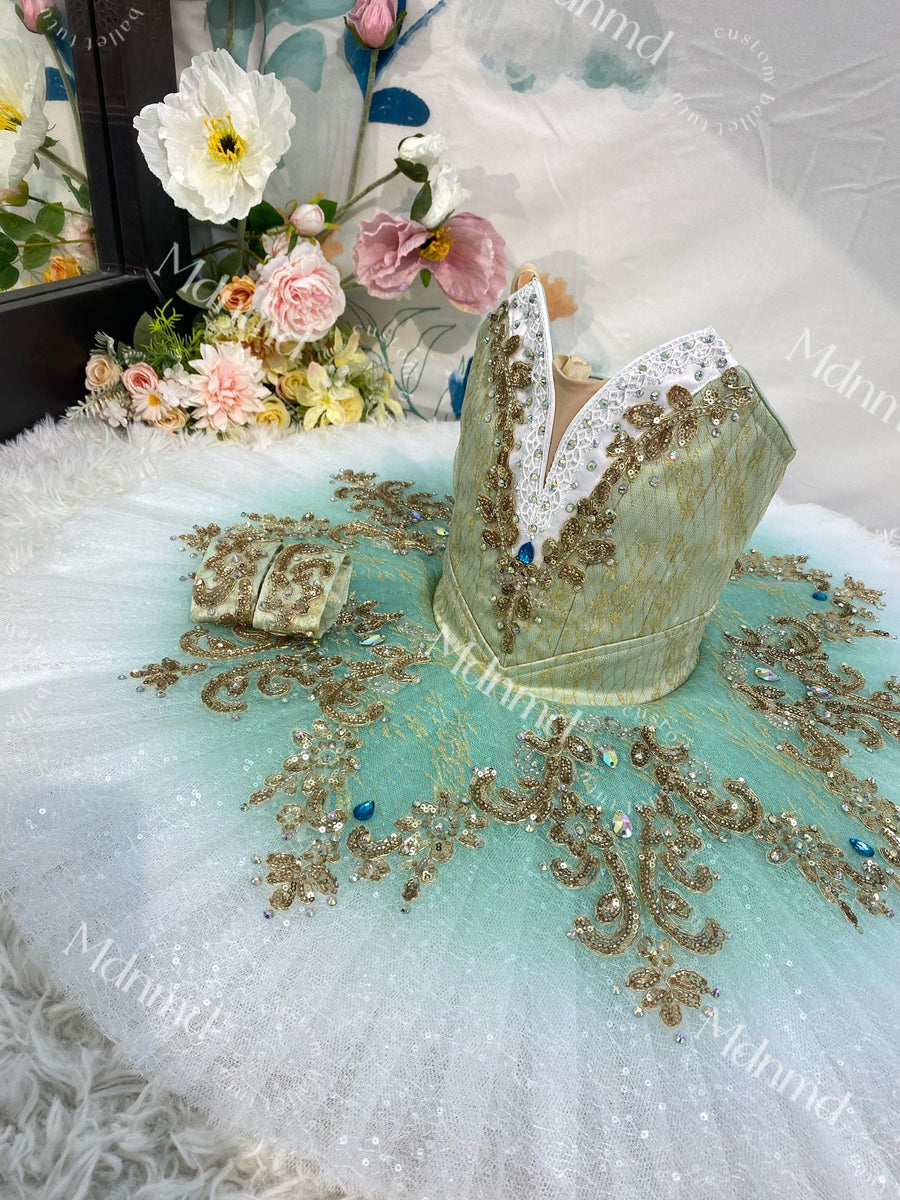 Custom Professional Grade Mint Green Ballet Tutu with Gold Embellishments