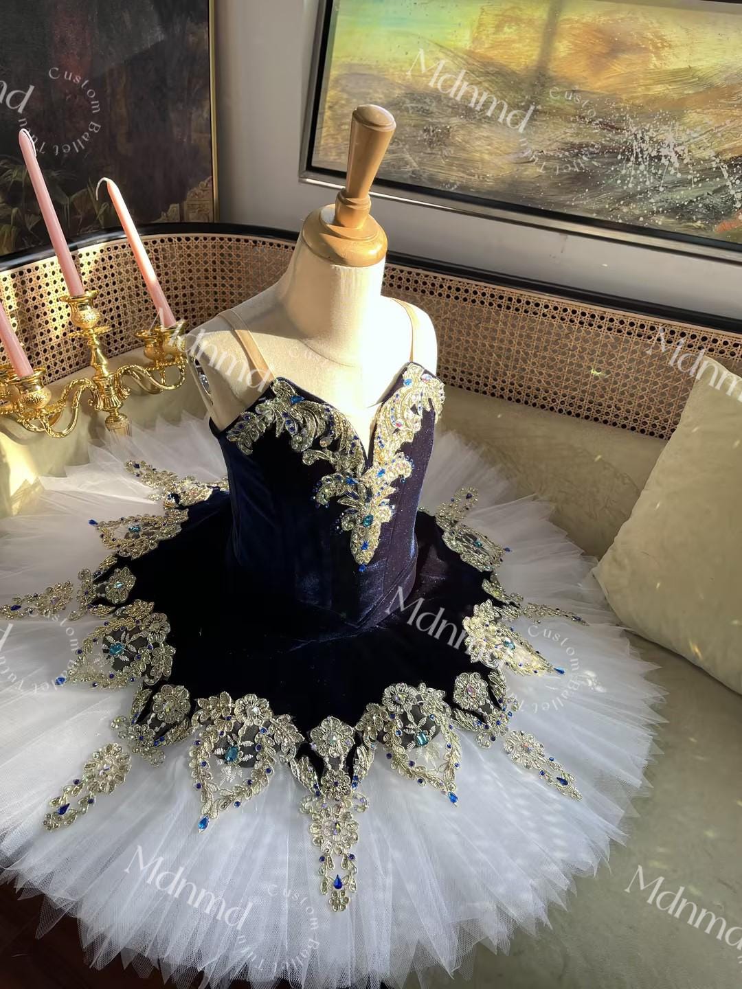 Custom Handmade Ballet Dress Dark Blue Bodice White Tulle Embellished