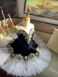 Custom Handmade Ballet Dress Dark Blue Bodice White Tulle Embellished