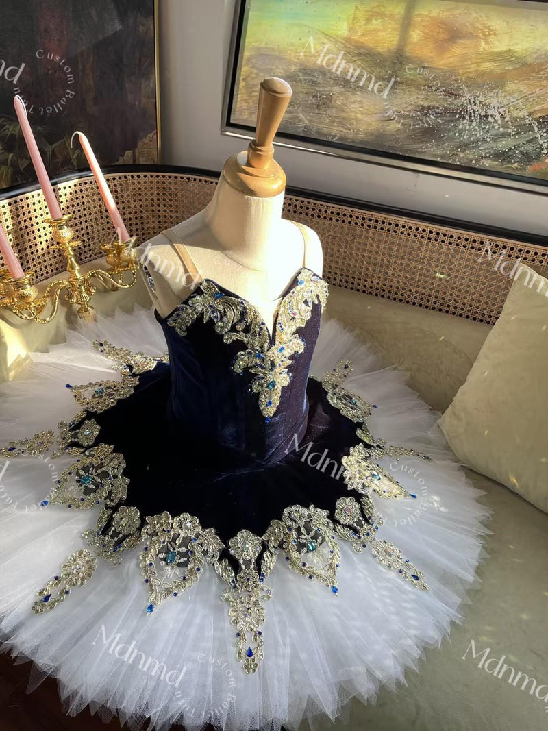 Custom Handmade Ballet Dress Dark Blue Bodice White Tulle Embellished