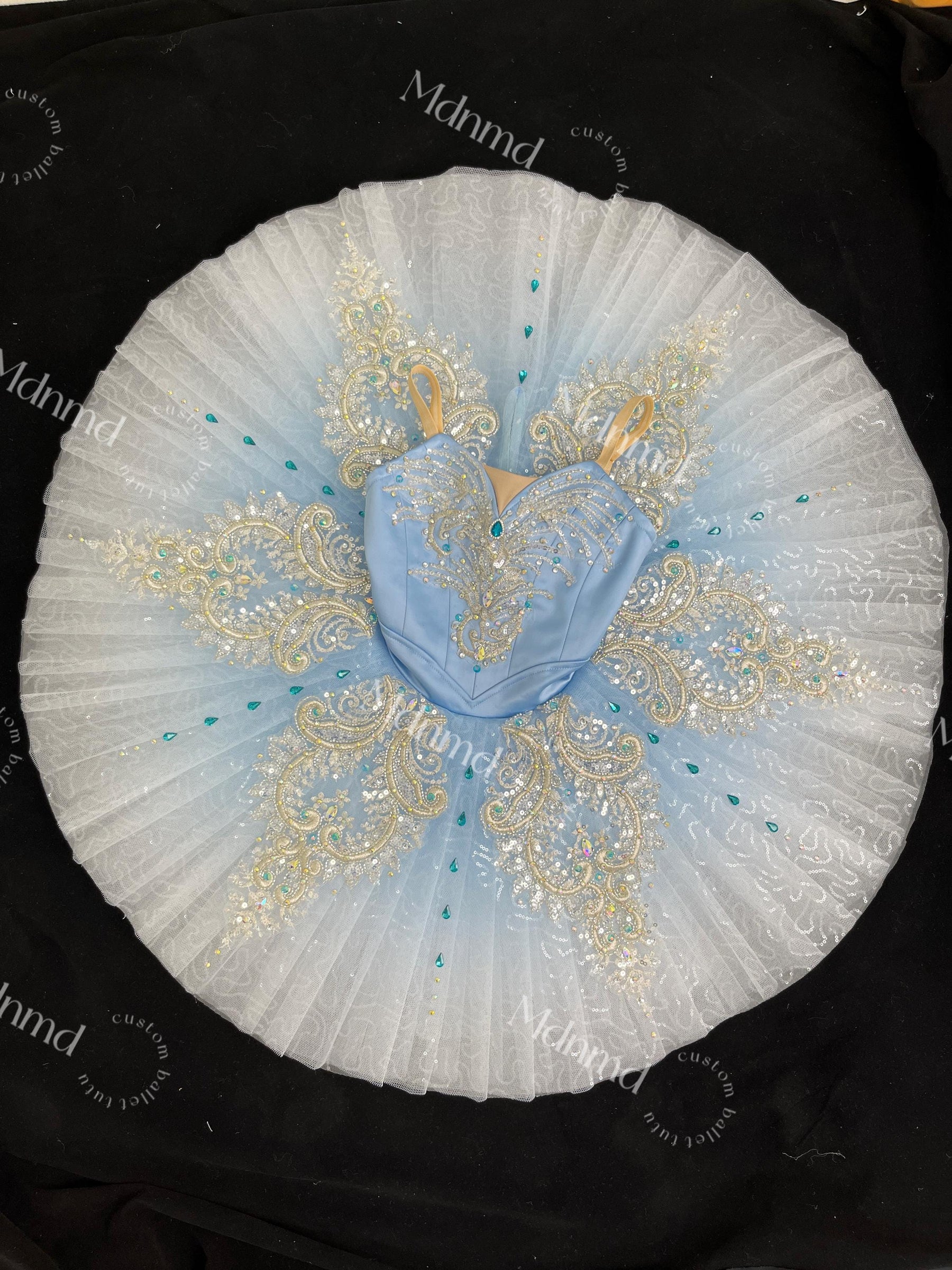 Custom Professional Ballet Costume Light Blue Satin with Extensive Crystal Embellishments
