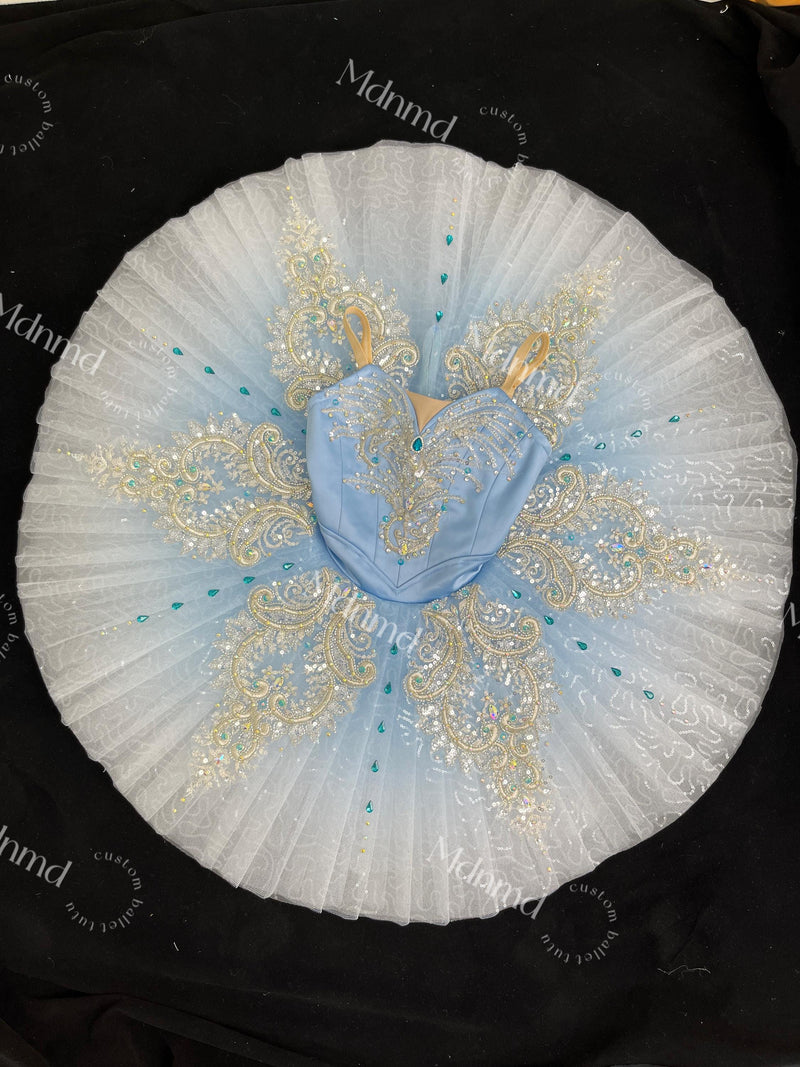 Custom Professional Ballet Costume Light Blue Satin with Extensive Crystal Embellishments