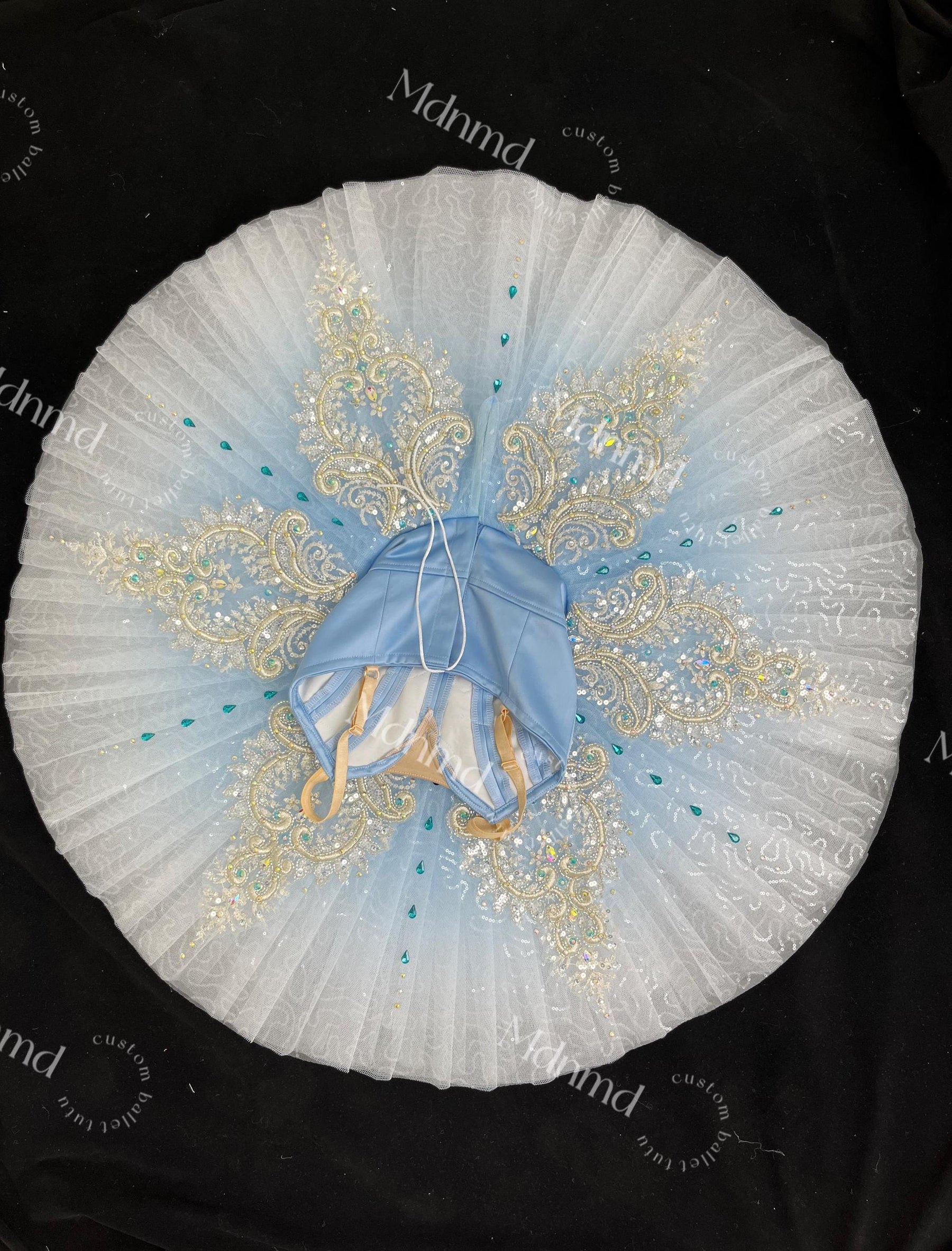 Custom Professional Ballet Costume Light Blue Satin with Extensive Crystal Embellishments