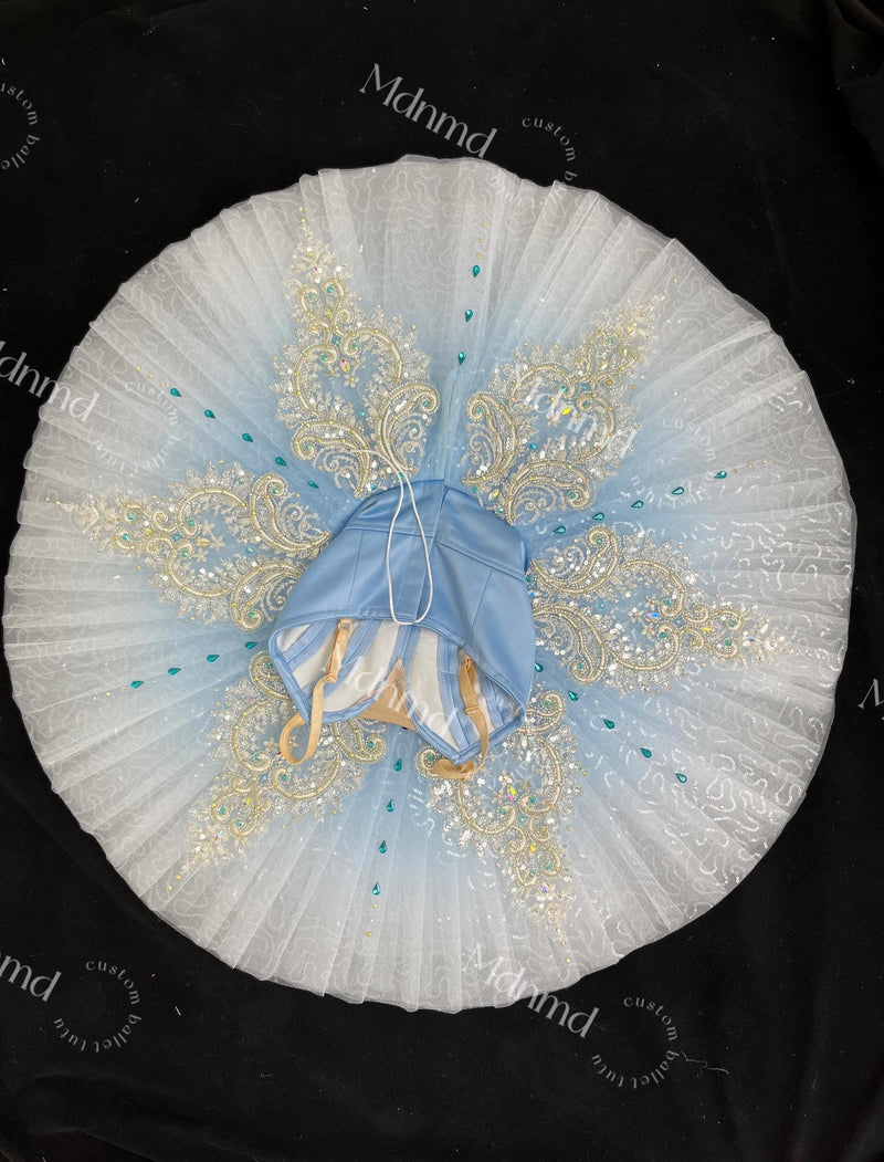 Custom Professional Ballet Costume Light Blue Satin with Extensive Crystal Embellishments