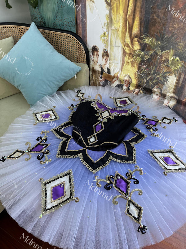 Custom Professional Ballet Performance Outfit Black Purple Embellished Tutu