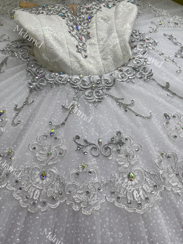 Custom Professional Grade Ballet Performance Costume, White Tutu with Crystal & Silver Embellishments