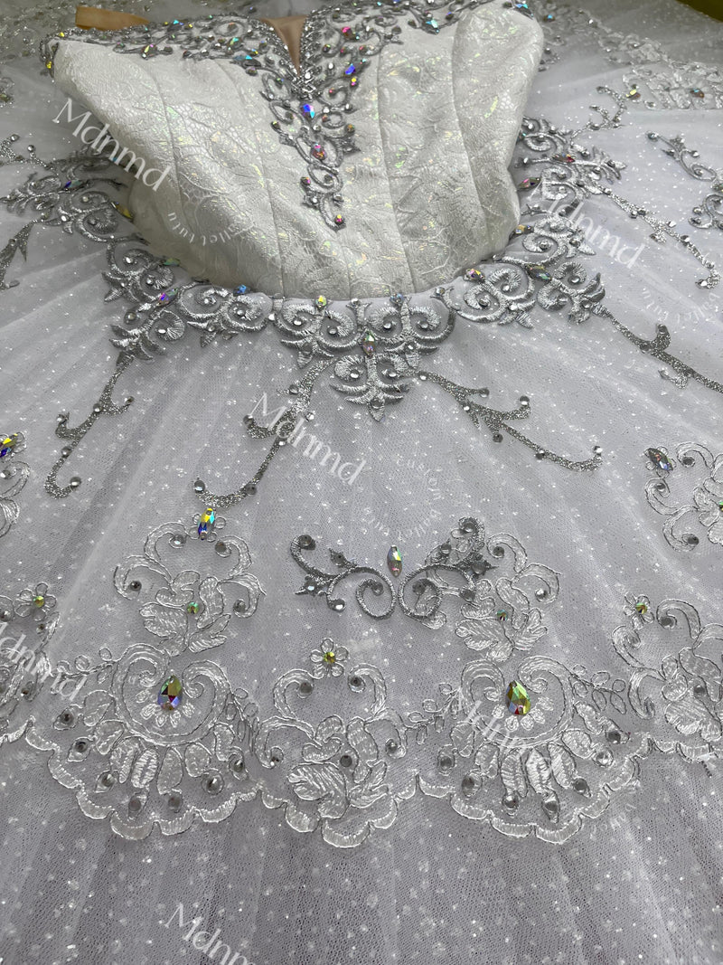 Custom Professional Grade Ballet Performance Costume, White Tutu with Crystal & Silver Embellishments