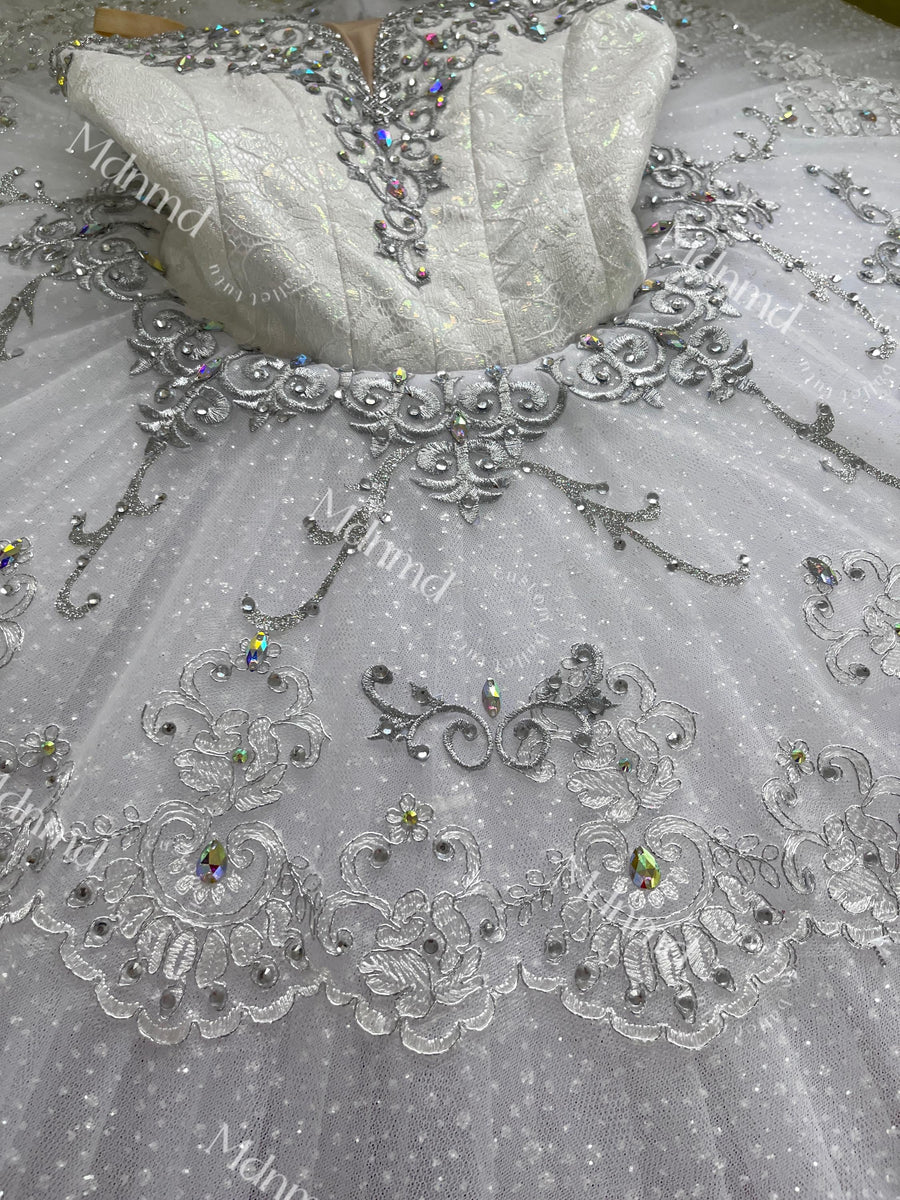 Custom Professional Grade Ballet Performance Costume, White Tutu with Crystal & Silver Embellishments