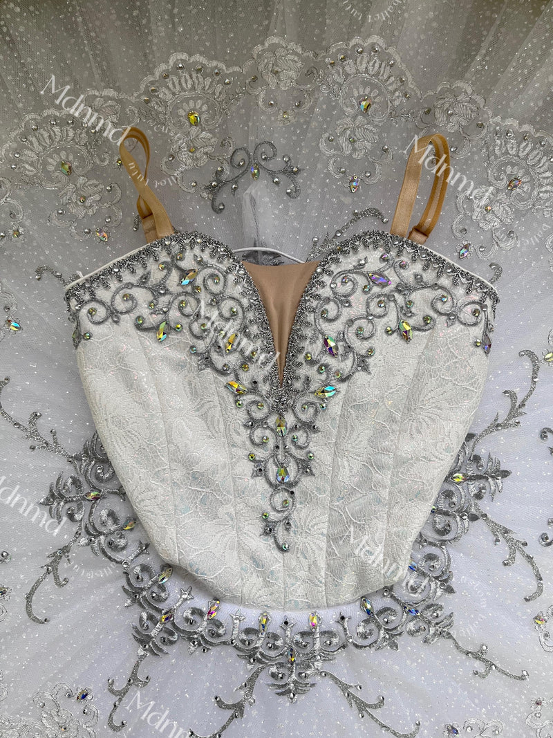 Custom Professional Grade Ballet Performance Costume, White Tutu with Crystal & Silver Embellishments