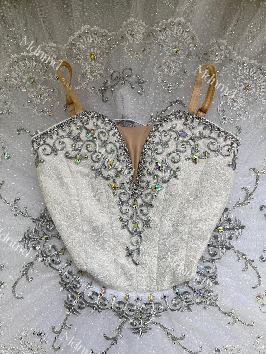 Custom Professional Grade Ballet Performance Costume, White Tutu with Crystal & Silver Embellishments