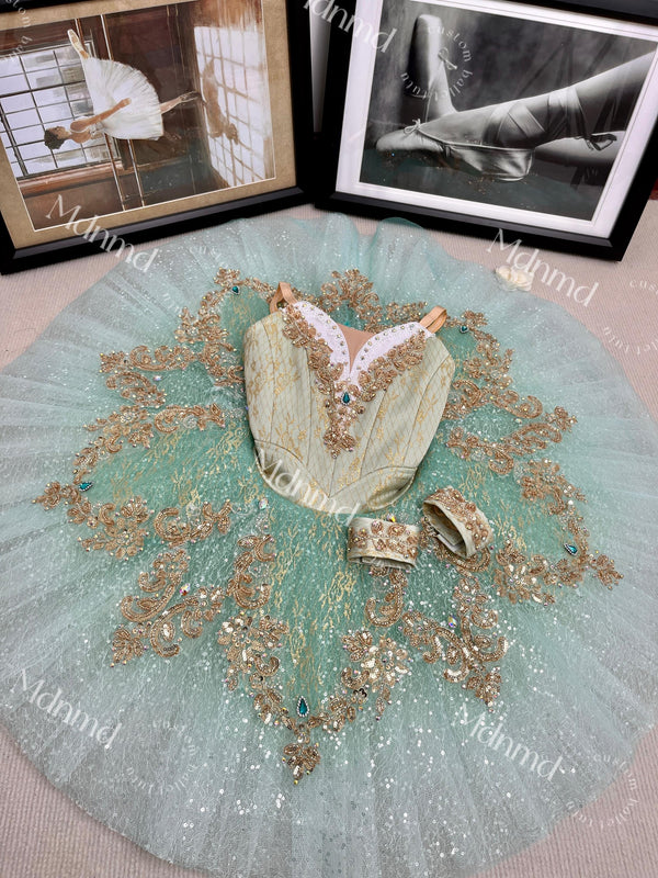 Custom Professional Grade Mint Green Ballet Tutu with Gold Embellishments