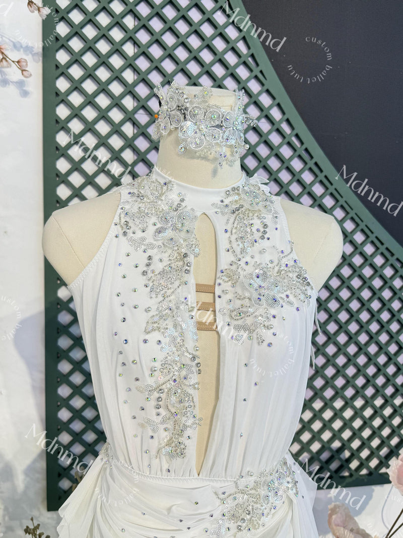 Contemporary Costume White Lyrical Dance Custom: Crystal Feather Embellishments