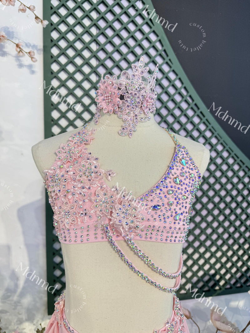 Contemporary Costume Handmade Pink Lyrical Dance Costume with Crystal Embellishments for Solo Performance