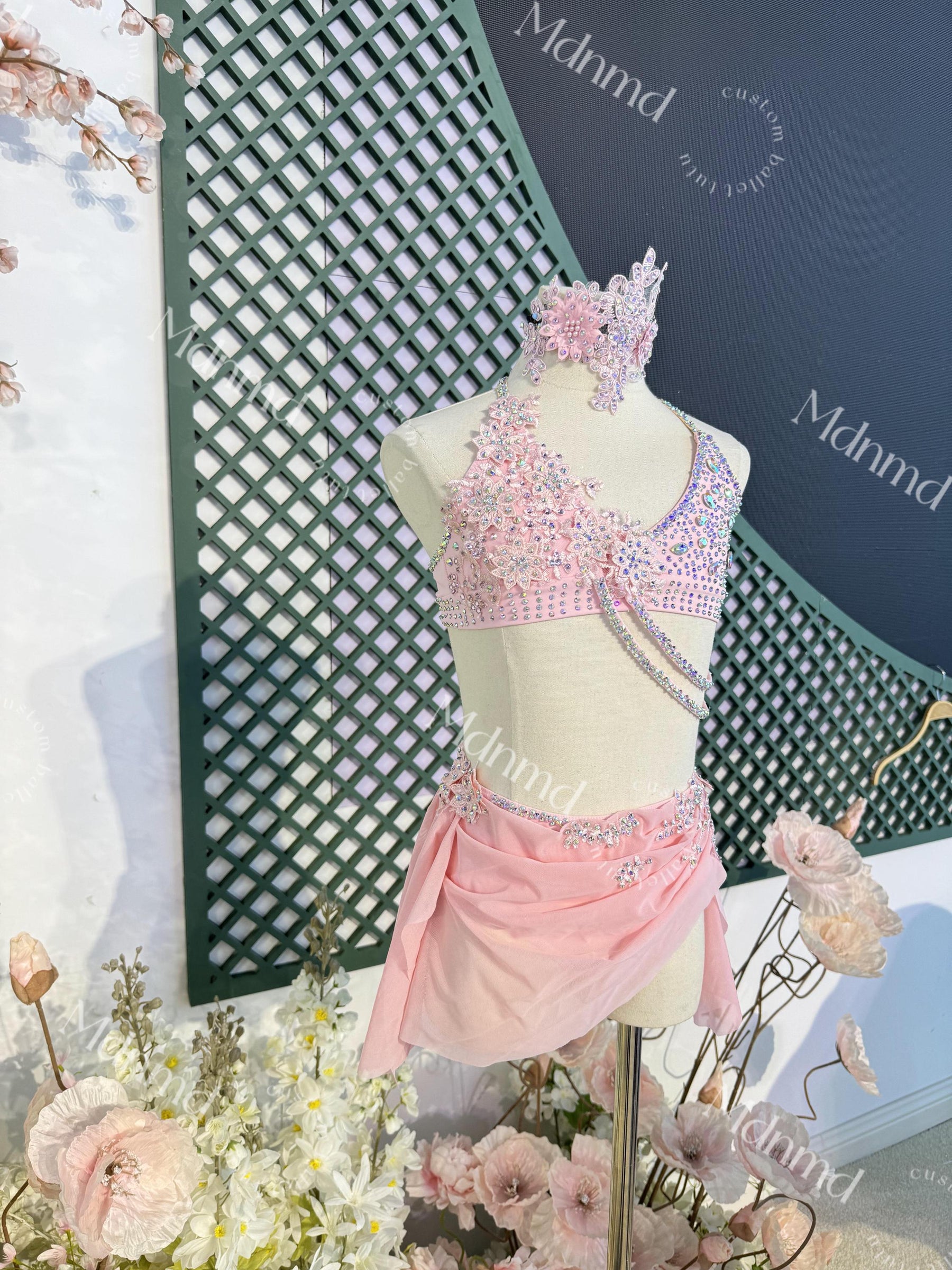 Contemporary Costume Handmade Pink Lyrical Dance Costume with Crystal Embellishments for Solo Performance