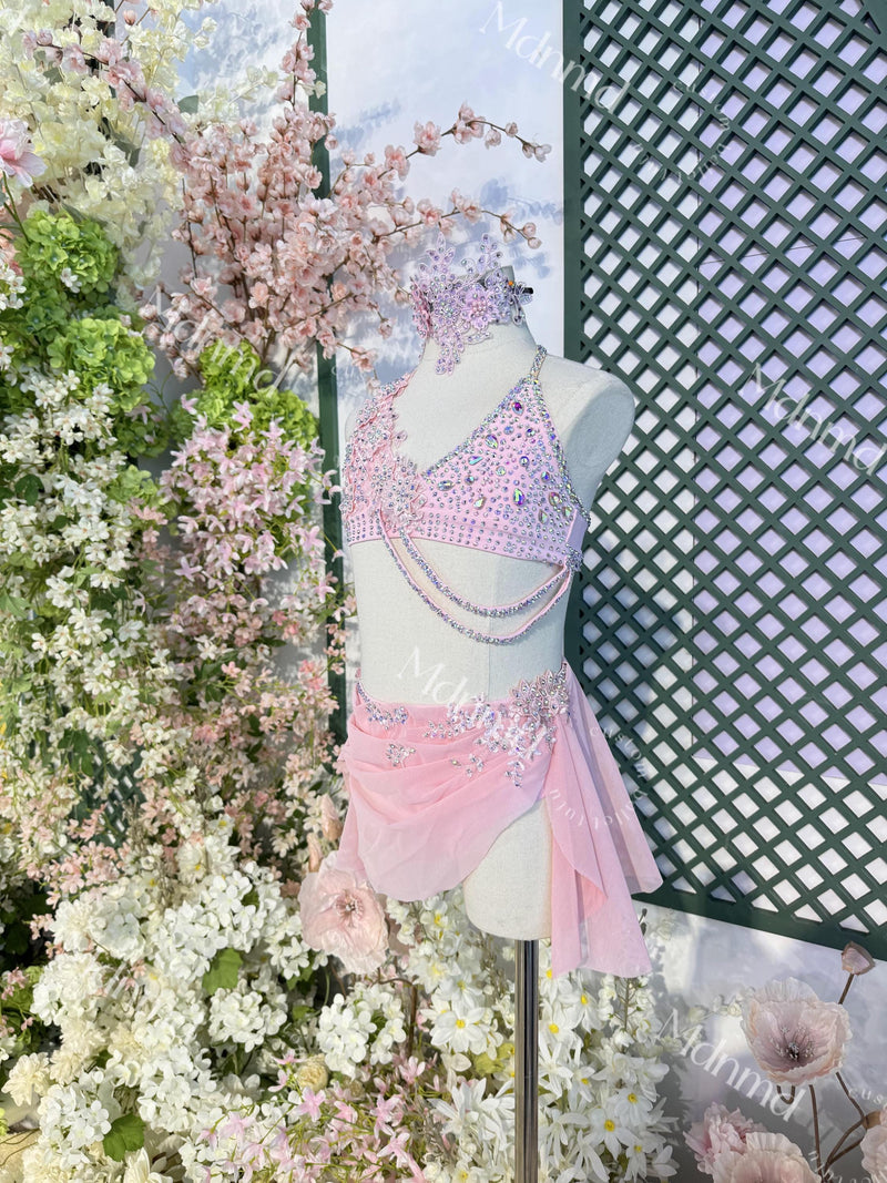 Contemporary Costume Handmade Pink Lyrical Dance Costume with Crystal Embellishments for Solo Performance