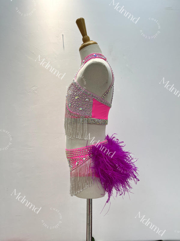 Contemporary Costume Bright Pink Lyrical Dance Costume: Feather Detail, Jazz, Figure Skating