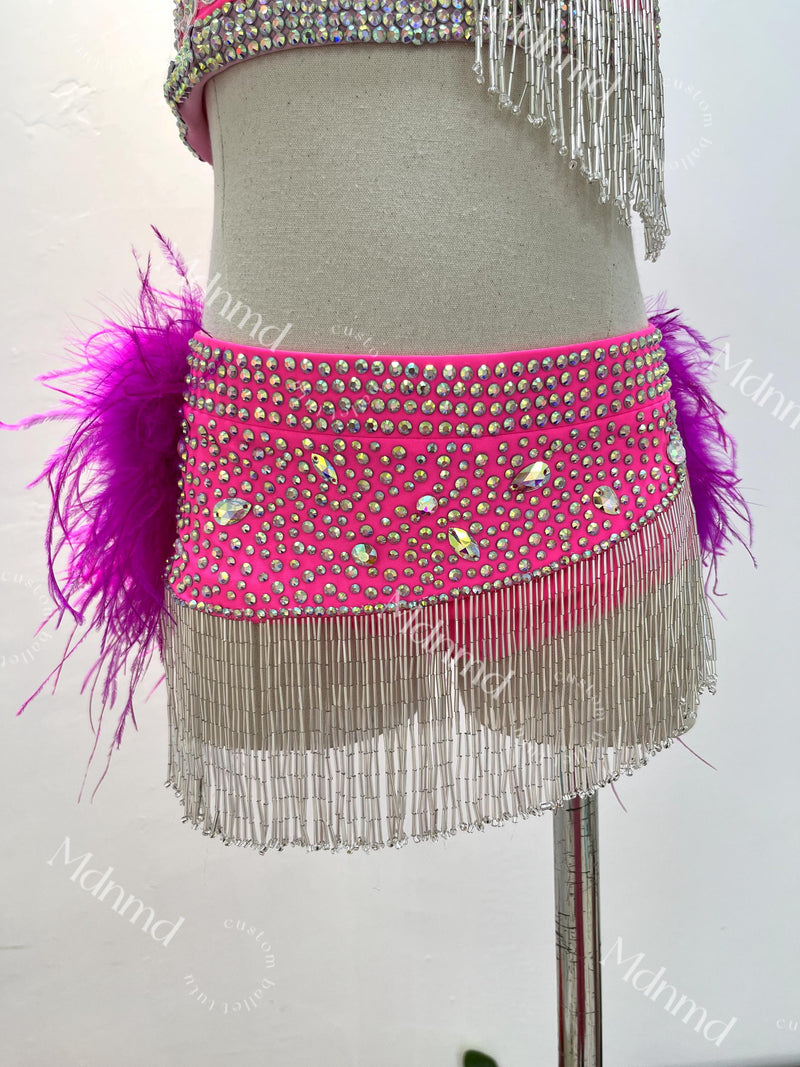 Contemporary Costume Bright Pink Lyrical Dance Costume: Feather Detail, Jazz, Figure Skating