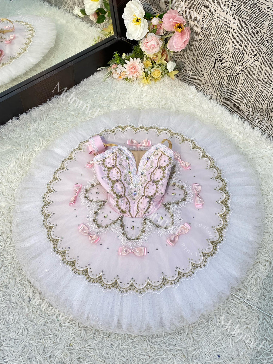 Custom Professional Ballet Performance Outfit Pink Tutu Gold Embellishments