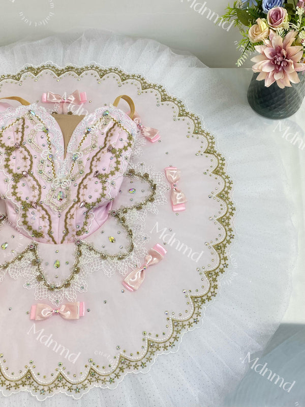 Custom Professional Ballet Performance Outfit Pink Tutu Gold Embellishments
