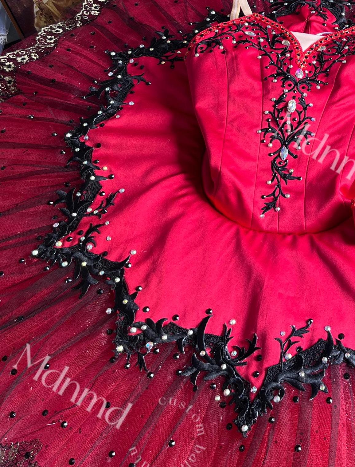 Custom Handmade Red Ballet Tutu with Black Lace & Pearl Embellishments
