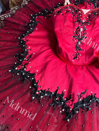 Custom Handmade Red Ballet Tutu with Black Lace & Pearl Embellishments