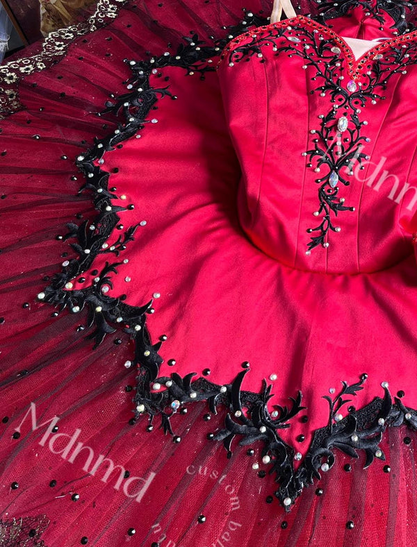 Custom Handmade Red Ballet Tutu with Black Lace & Pearl Embellishments
