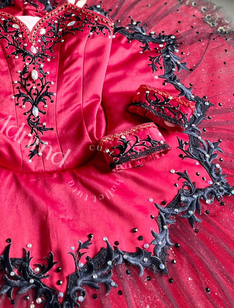 Custom Handmade Red Ballet Tutu with Black Lace & Pearl Embellishments