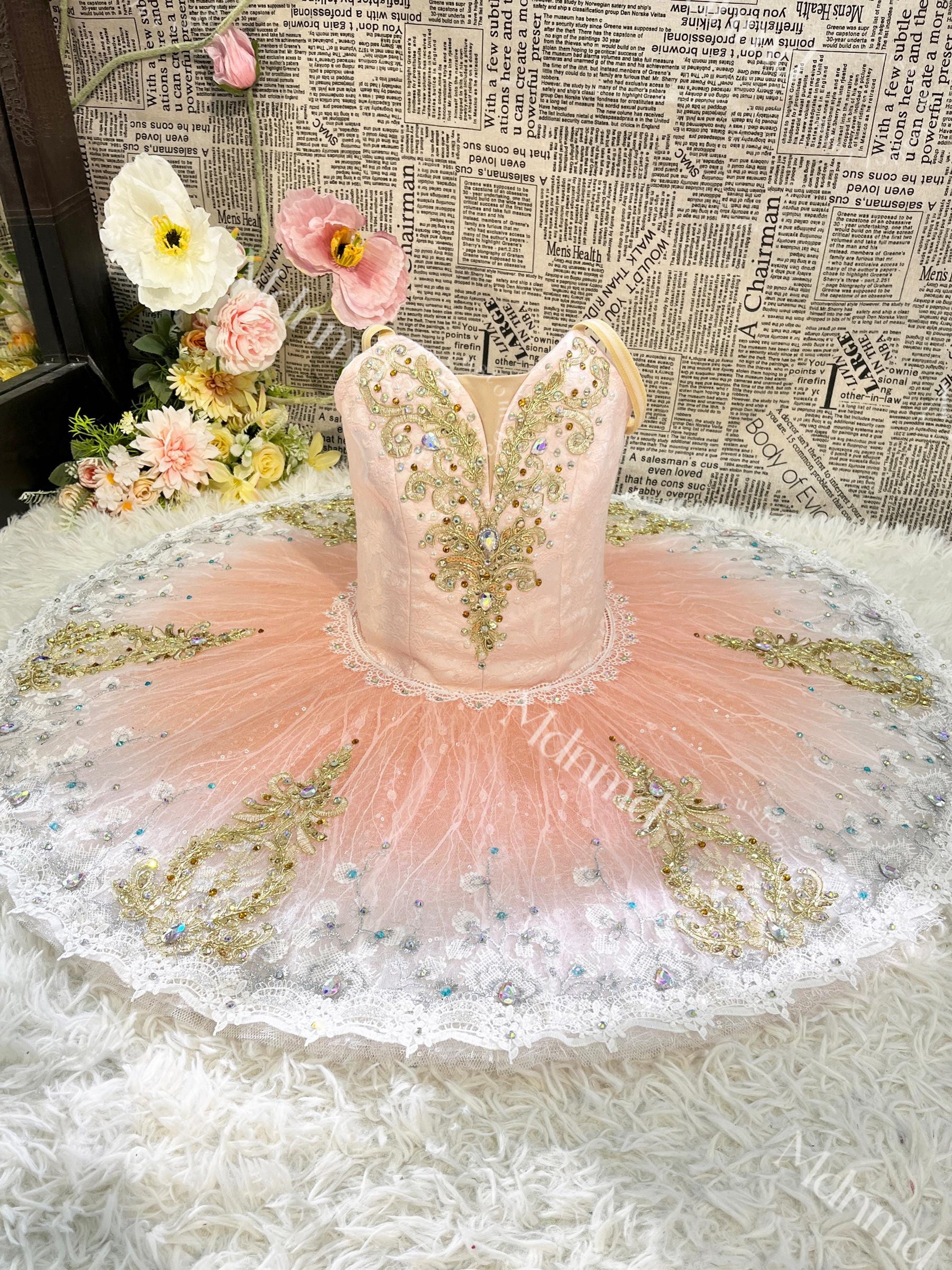 Custom Professional Pink Ballet Performance Dress Embellished with Gold Embroidery and Sequins