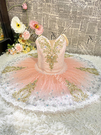 Custom Professional Pink Ballet Performance Dress Embellished with Gold Embroidery and Sequins