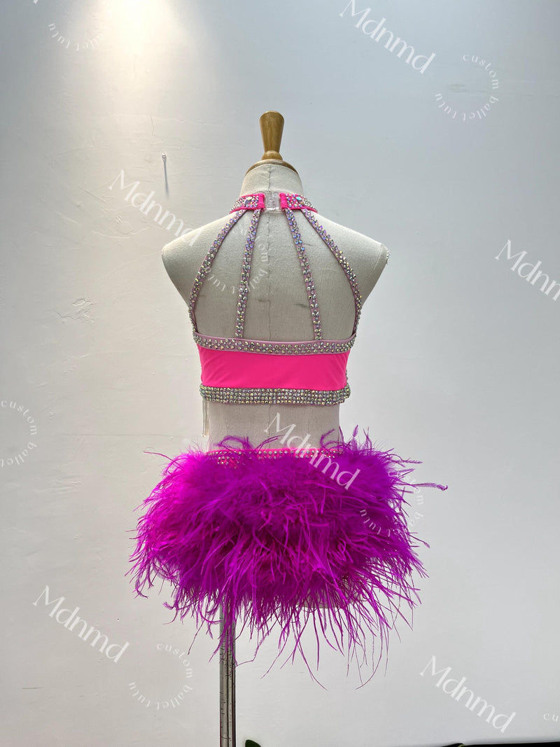 Contemporary Costume Bright Pink Lyrical Dance Costume: Feather Detail, Jazz, Figure Skating