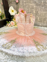 Custom Professional Pink Ballet Performance Dress Embellished with Gold Embroidery and Sequins