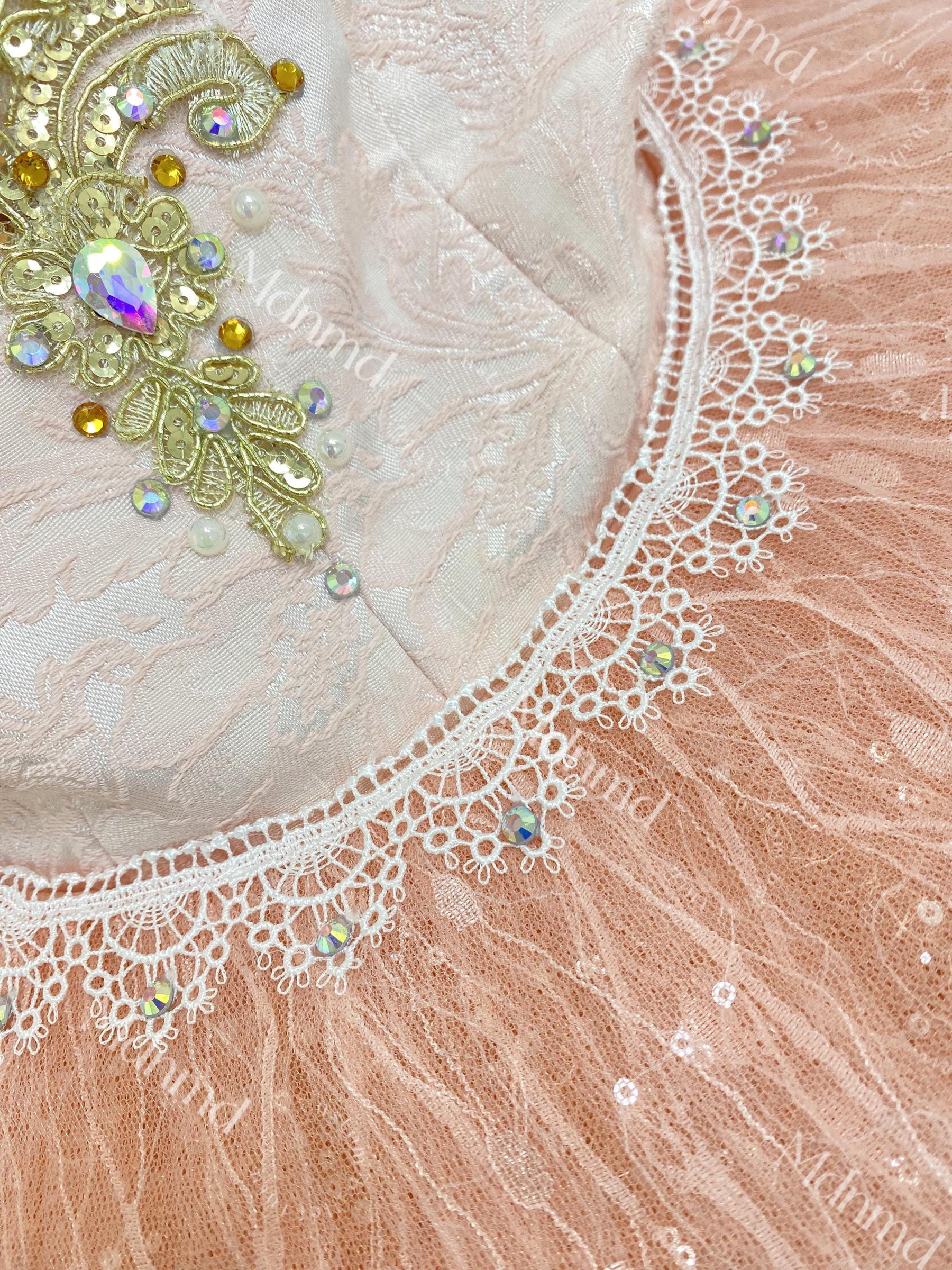 Custom Professional Pink Ballet Performance Dress Embellished with Gold Embroidery and Sequins