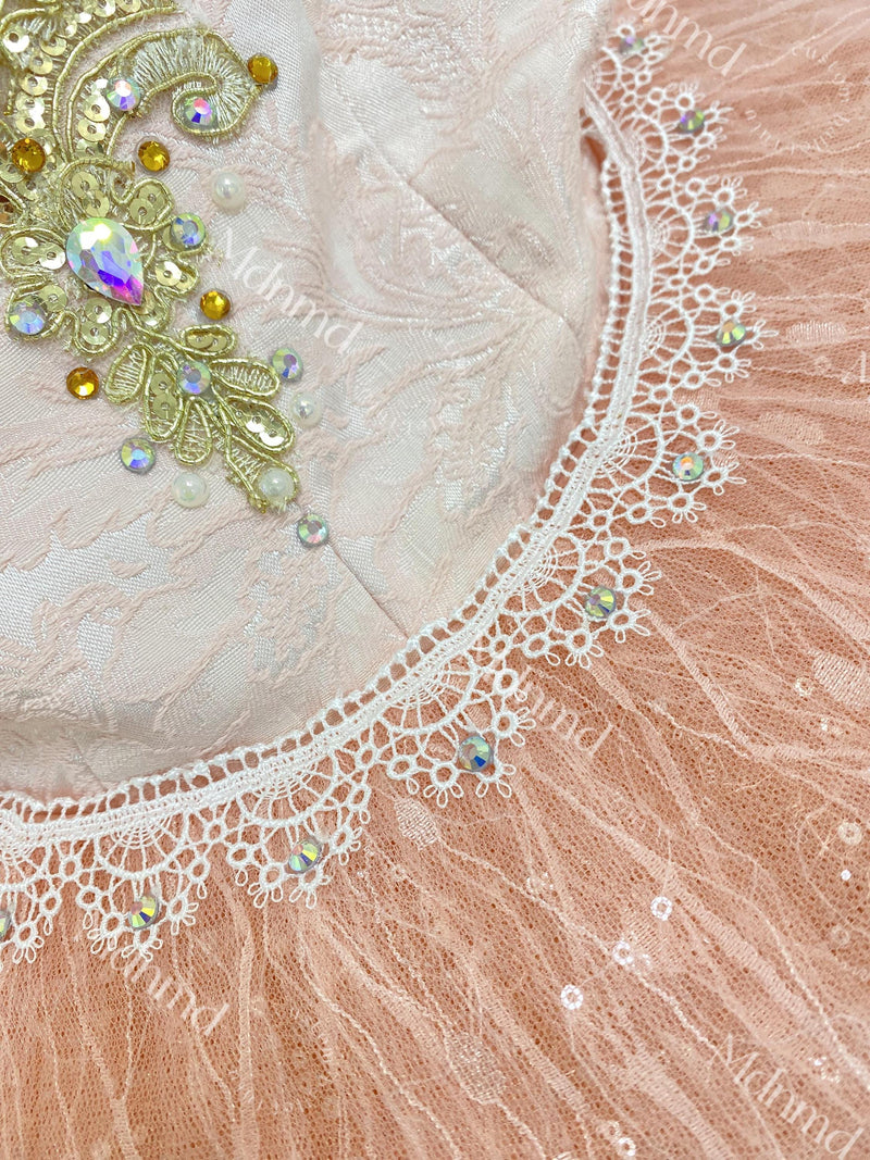 Custom Professional Pink Ballet Performance Dress Embellished with Gold Embroidery and Sequins