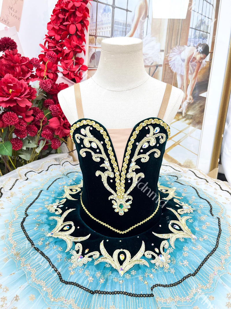 Custom Ballet Tutu: Green Velvet Bodice, Blue Ombre Tulle, Gold Embellished Dancewear