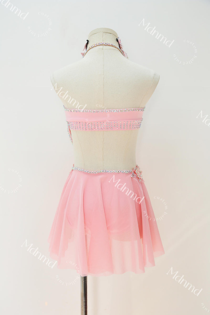 Contemporary Costume Handmade Pink Lyrical Dance Costume with Crystal Embellishments for Solo Performance