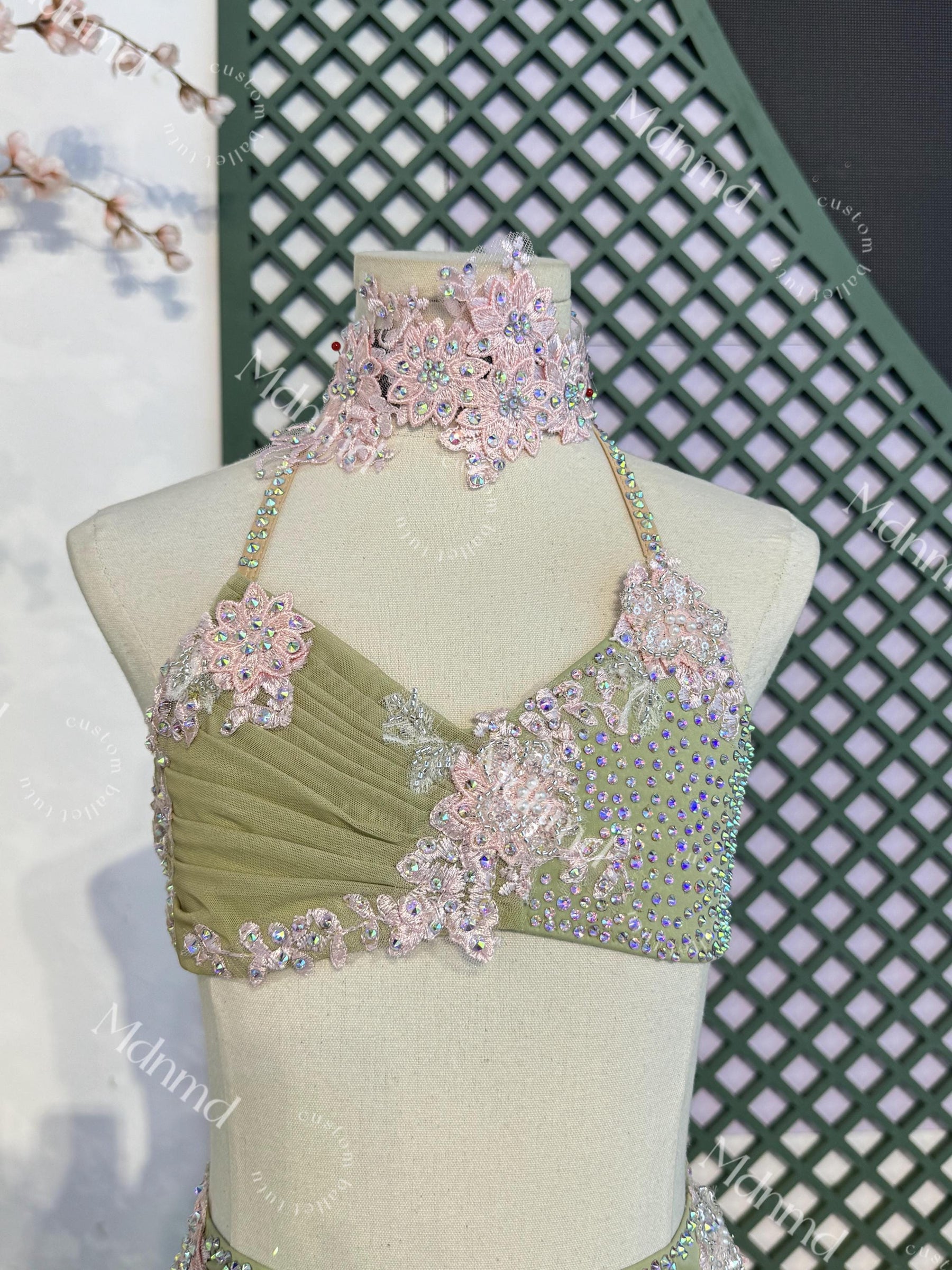 Custom Green Lyrical Dance Costume: Pink Floral & Crystal Embellishments Contemporary Costume