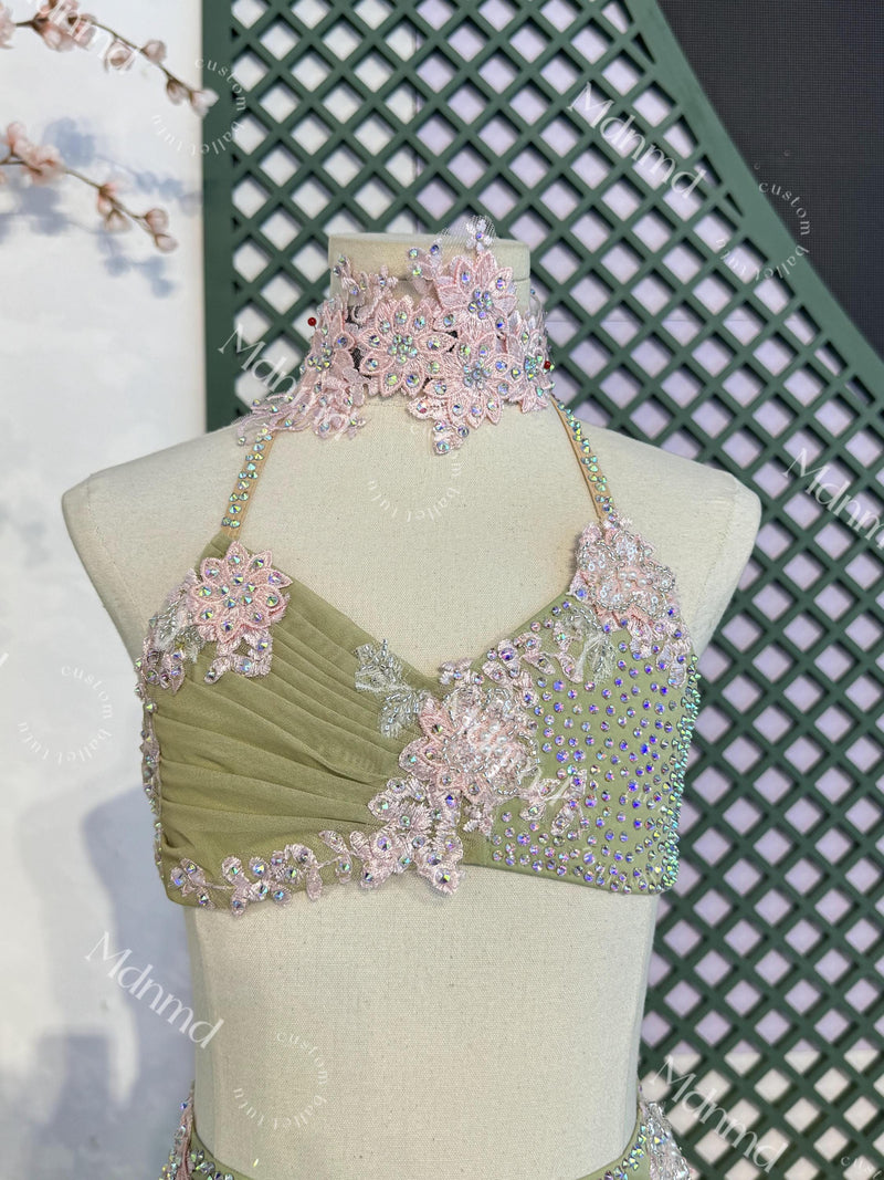 Custom Green Lyrical Dance Costume: Pink Floral & Crystal Embellishments Contemporary Costume