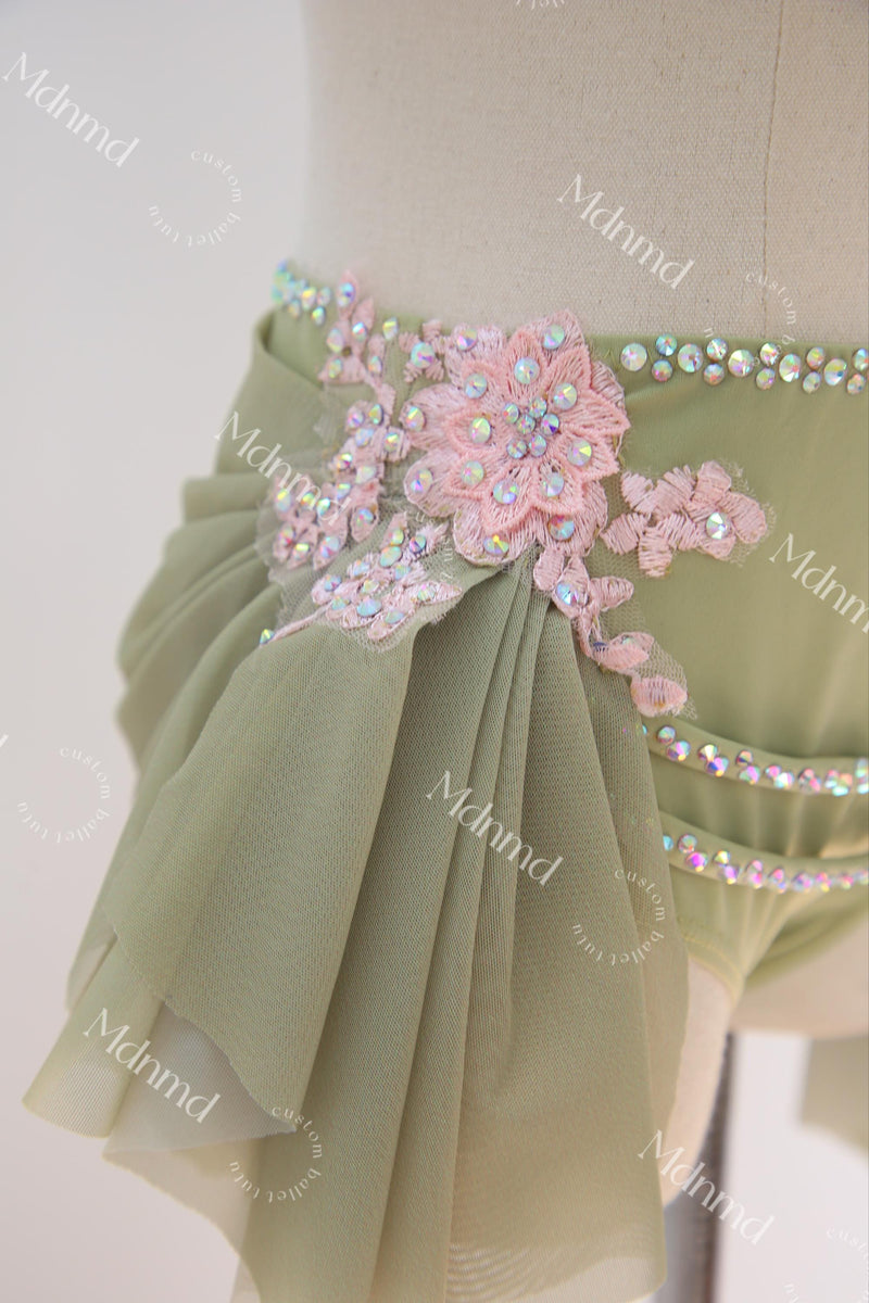 Custom Green Lyrical Dance Costume: Pink Floral & Crystal Embellishments Contemporary Costume