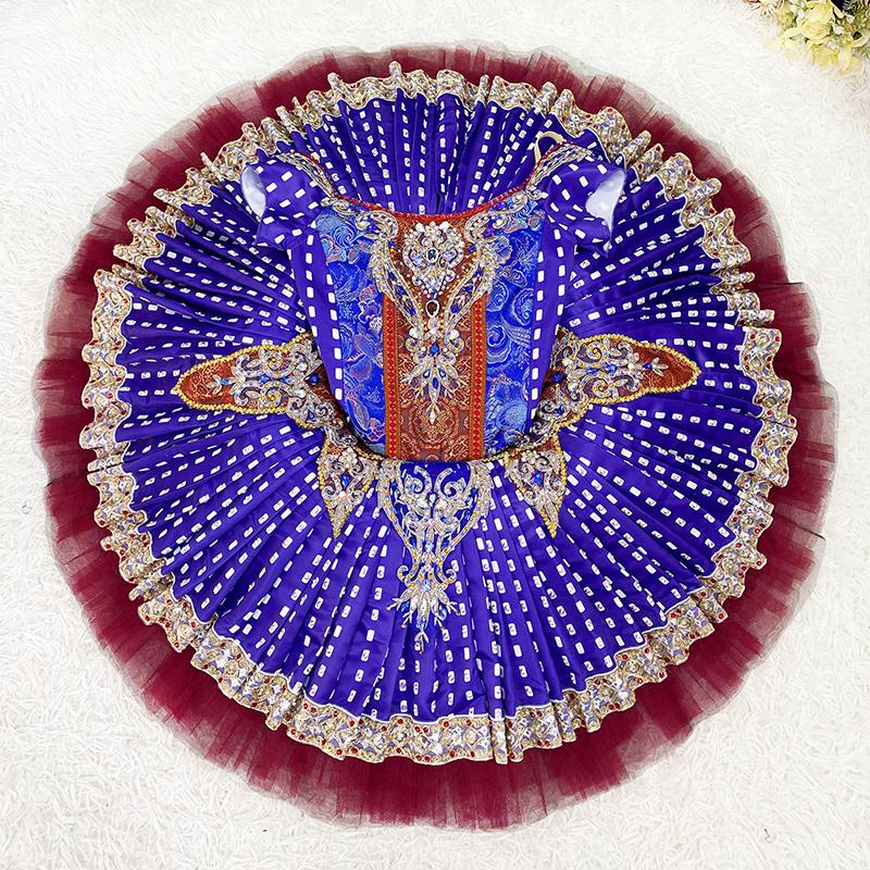 Handmade Royal Blue Ballet Tutu: Red and Gold Decorations, Professional Dance Costume
