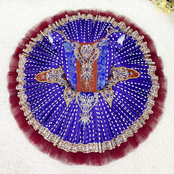 Handmade Royal Blue Ballet Tutu: Red and Gold Decorations, Professional Dance Costume